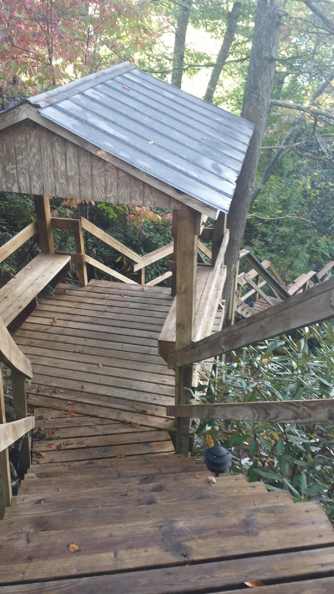 Metal roofed shelter over wooden steps on a wooded walkway — Skylight Repair & Installation work by our crew in Hillsborough